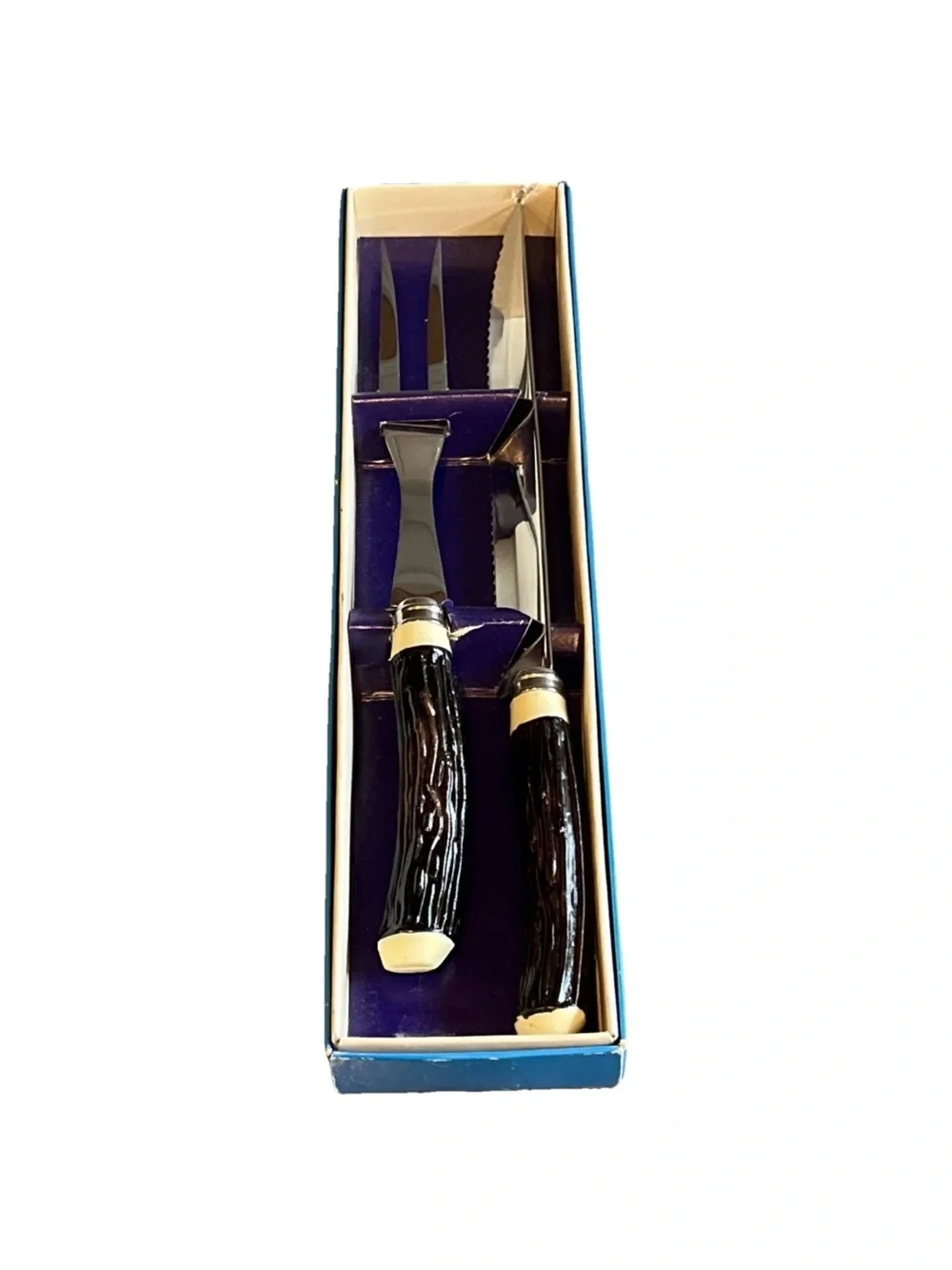 Japan Stainless Steel Carving Set Fork And Knife Vintage Antler Horn Faux Handle